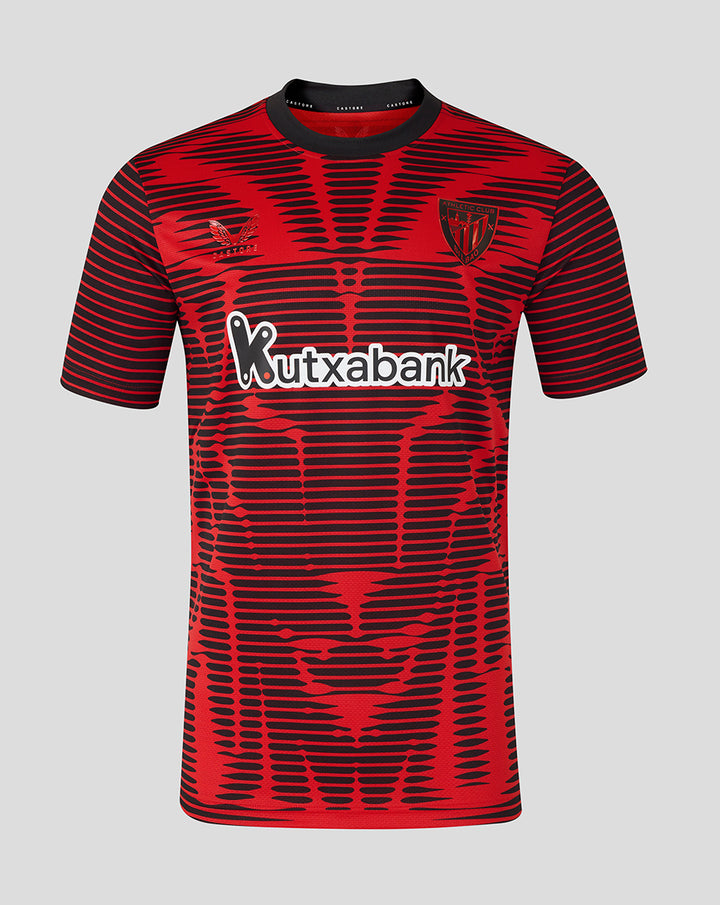Athletic Club fourth kit junior short sleeve shirt with red and black graphic pattern and Kutxabank sponsor.
