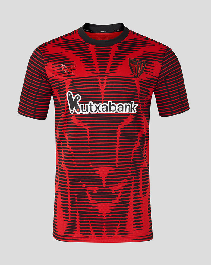Athletic Club fourth kit junior short sleeve shirt with red and black graphic pattern and Kutxabank sponsor.