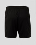 Back view of black shorts showing a red crest patch on the left leg near the hem.