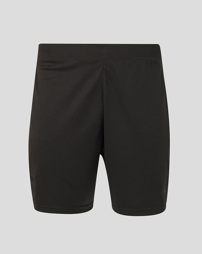 Back view of black Athletic Club Retro Short Junior with a shield logo patch at the hem