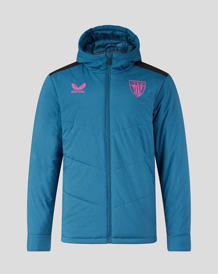 Back view of teal training bench jacket with hood and black shoulder panels