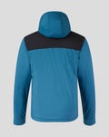 Back view of blue training bench jacket with black yoke panel and hood
