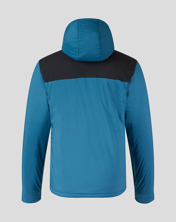 Back view of blue training bench jacket with black yoke panel and hood