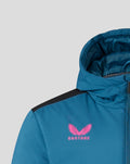 Teal training jacket with hood and pink left chest crest visible from a different angle