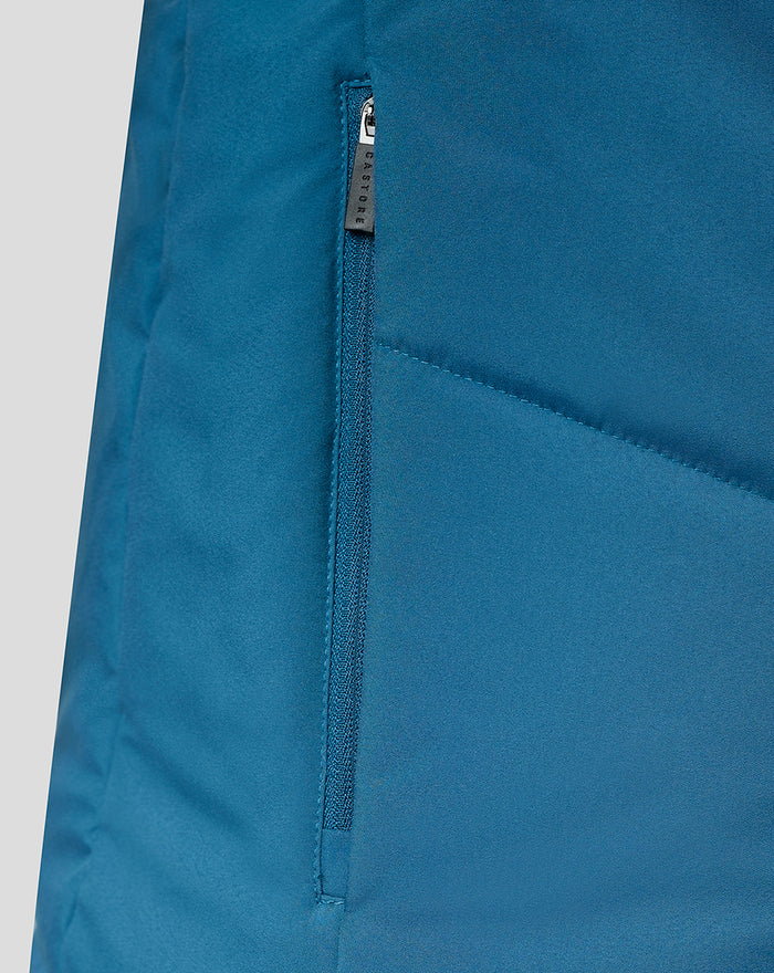 Zipper pocket detail on teal training jacket with fabric tag trim