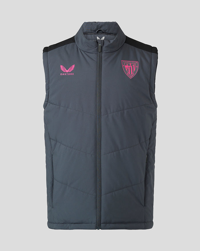 Mens sleeveless bench gilet in dark grey with a pink club crest on the left chest and a full front zipper.