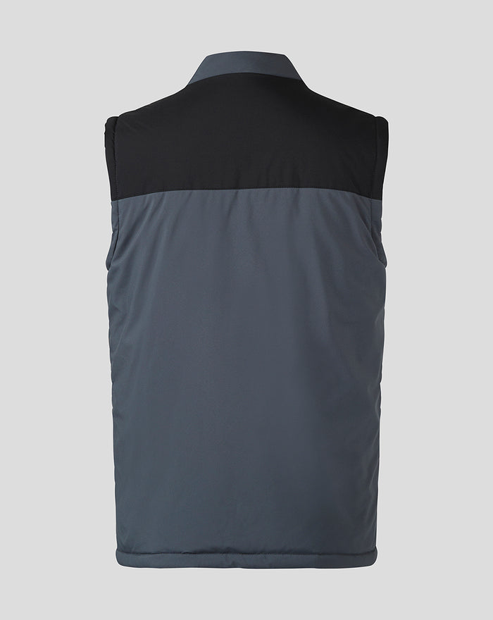 Back view of men's sleeveless training gilet with dark upper panel and gray body.