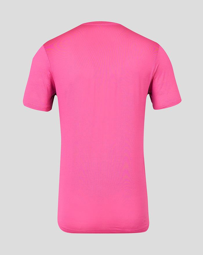 Back view of pink Athletic Club training T shirt showing a dark allover pattern and a crew neck.