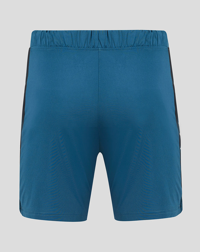 Back view of blue Men’s Athletic Club Players Training Lightweight Shorts with elastic waistband and contrast side panels.