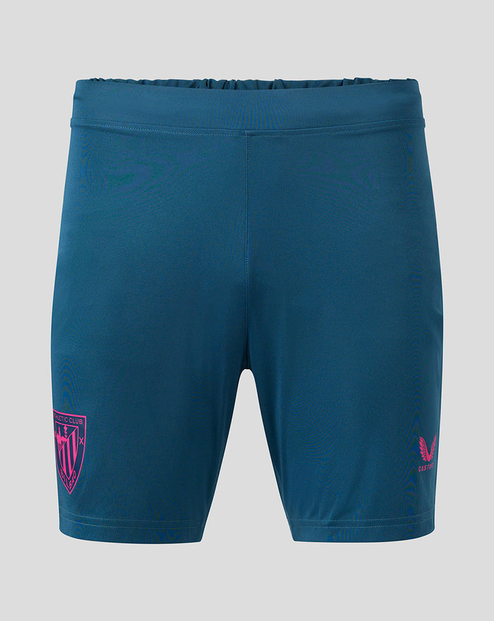 Teal Athletic Club Players Training Shorts with black side panel pink crest on front left leg and Castore branding on front right leg