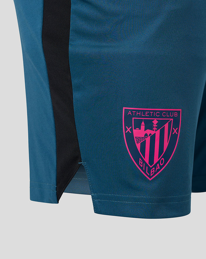 Teal shorts with black side panel and pink Athletic Club Bilbao crest on front left leg