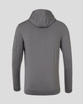 Back view of grey junior 1/4 zip mid layer hoodie with hood against a plain background