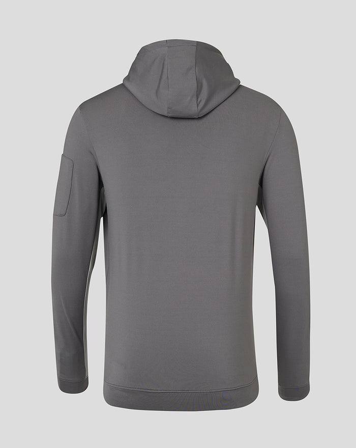 Back view of grey junior 1/4 zip mid layer hoodie with hood against a plain background