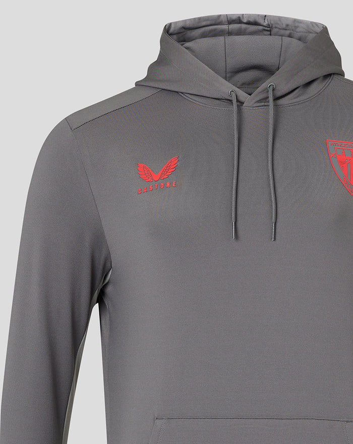 Gray hooded mid layer with red Castore logo on the left chest and Athletic Club Bilbao crest on the right chest