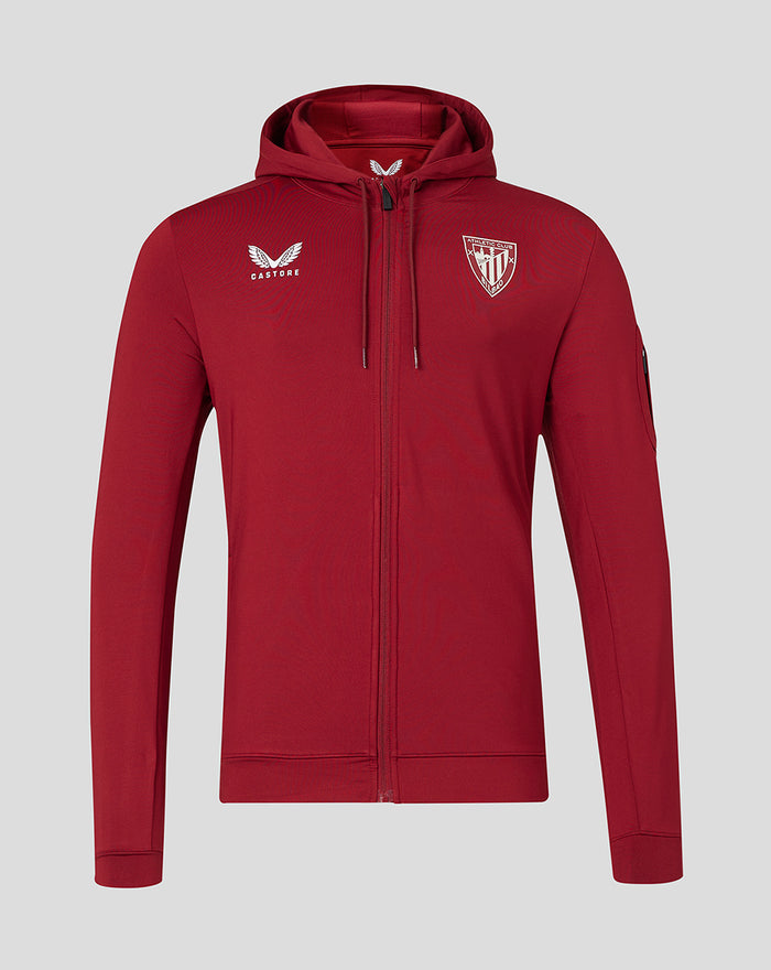 Front view of red Tech Fleece full zip jacket with hood and club crest