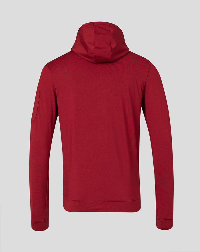 Back view of red Tech Fleece full zip jacket with hood and clean lines