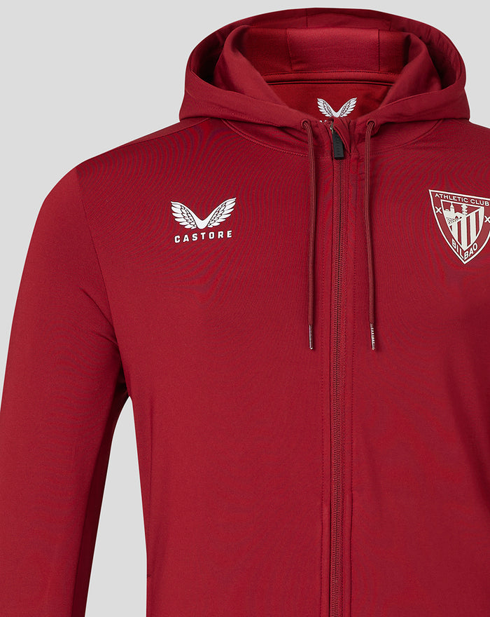 Red hooded Tech Fleece full zip jacket with Athletic Club Bilbao crest on chest and Castore logo