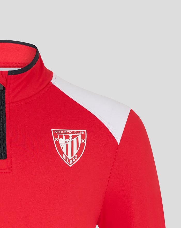 Close up of the red top with a white shoulder panel and the Athletic Club Bilbao crest on the chest