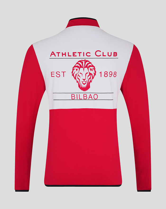 Back view of a red and white Athletic Club Bilbao quarter zip mid layer top with a large white panel and crest