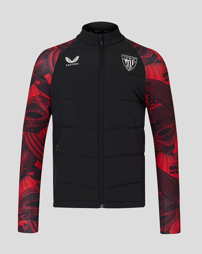 Frontal de chaqueta Stadium hombre negra con mangas rojas estampadas y escudo del club en el pecho