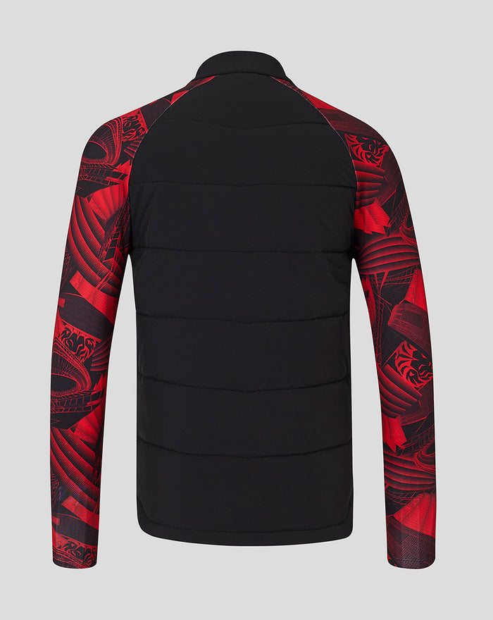 Vista trasera de chaqueta Stadium hombre negra con mangas rojas estampadas