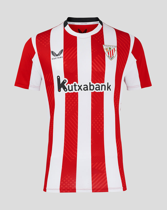 Red and white striped home soccer jersey with club crest on chest and Kutxabank sponsor