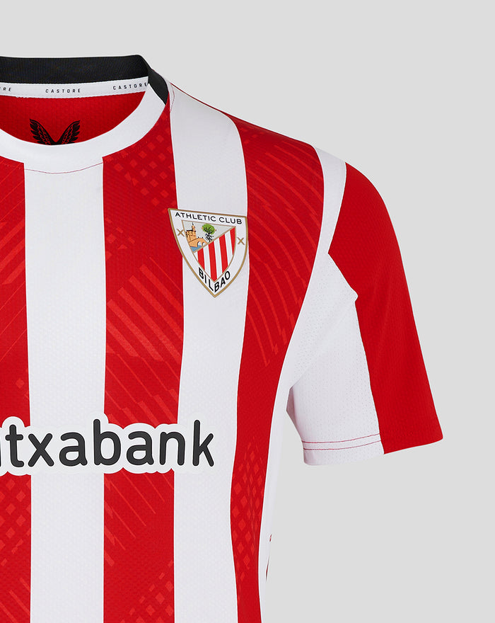 Athletic Club Bilbao home shirt close up with red and white vertical stripes and team crest on the chest