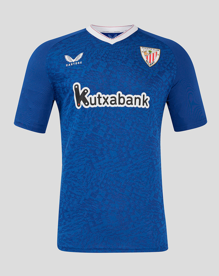 Front view of blue football jersey with Kutxabank sponsor logo and club crest