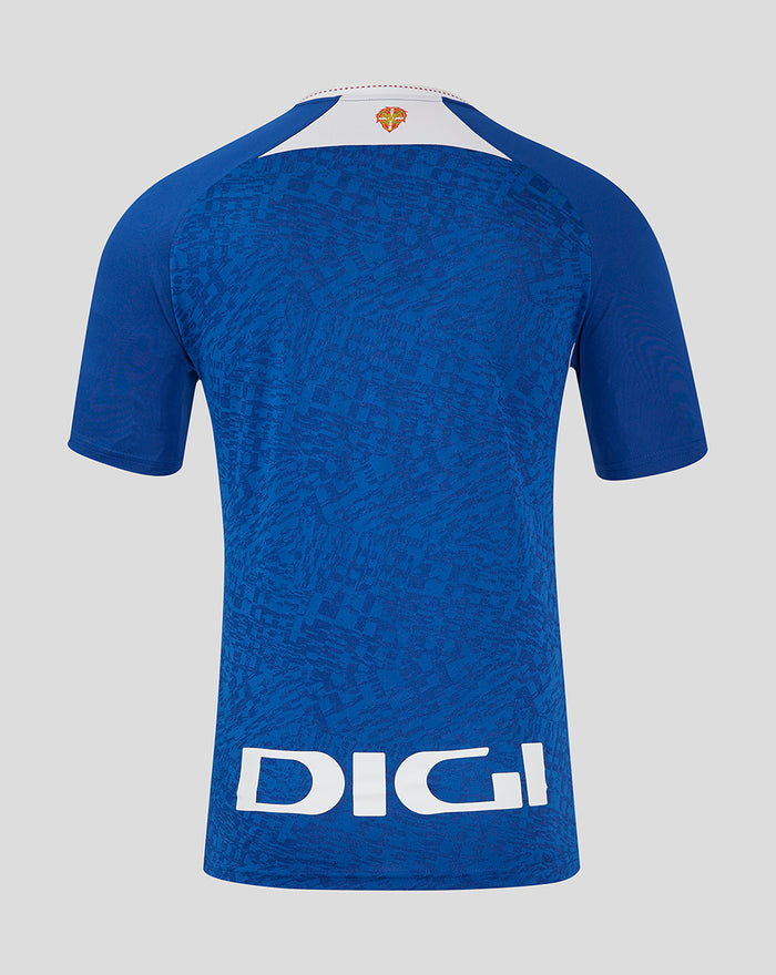 Back view of blue away shirt with a pixelated pattern and a large DIGI logo at the lower back