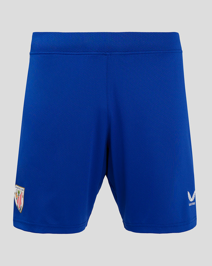 Blue men's pro away shorts with Athletic Club crest patch and Castore logo
