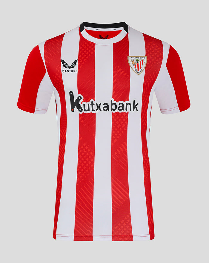 Front view of red and white striped men's home shirt with Kutxabank sponsor and club crest