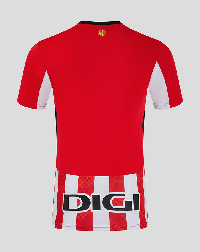 Back view of red and white striped men's home shirt showing large DIGI logo on the lower back