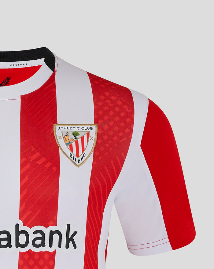 Front view of red and white striped jersey with Athletic Club Bilbao crest on chest and sponsor across front