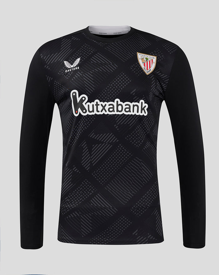 Front view of men's black home goalkeeper long sleeve shirt with geometric pattern, club crest on the chest, Castore logo, and Kutxabank sponsor across the front.