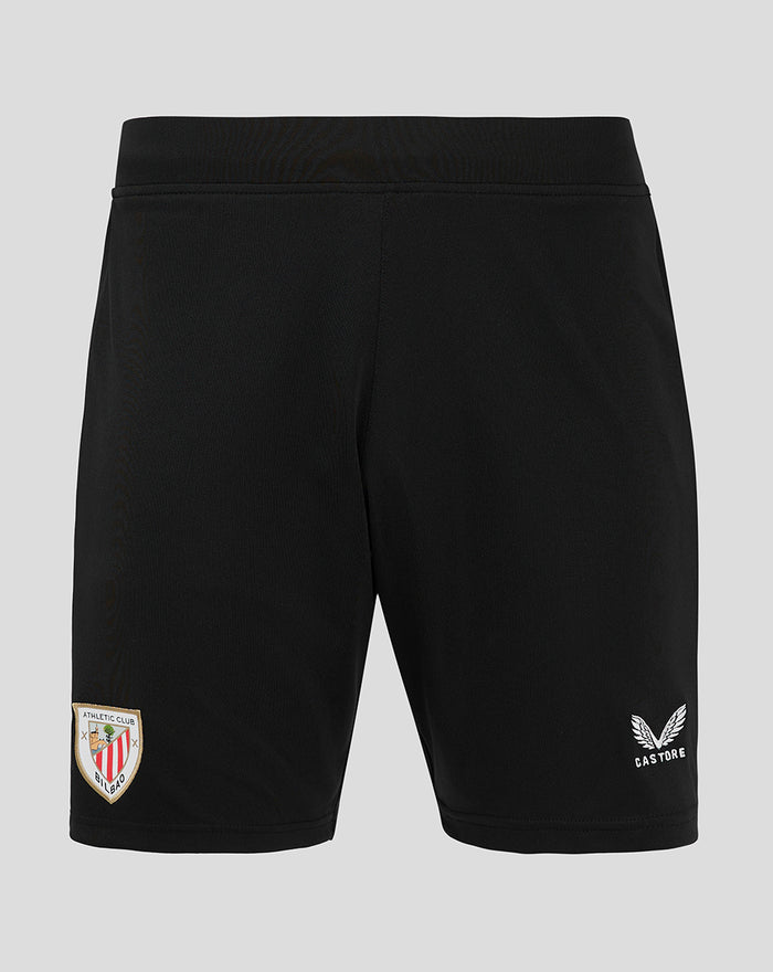 Back view of black home goalkeeper shorts with Athletic Club Bilbao crest on left leg and Castore logo on right leg.