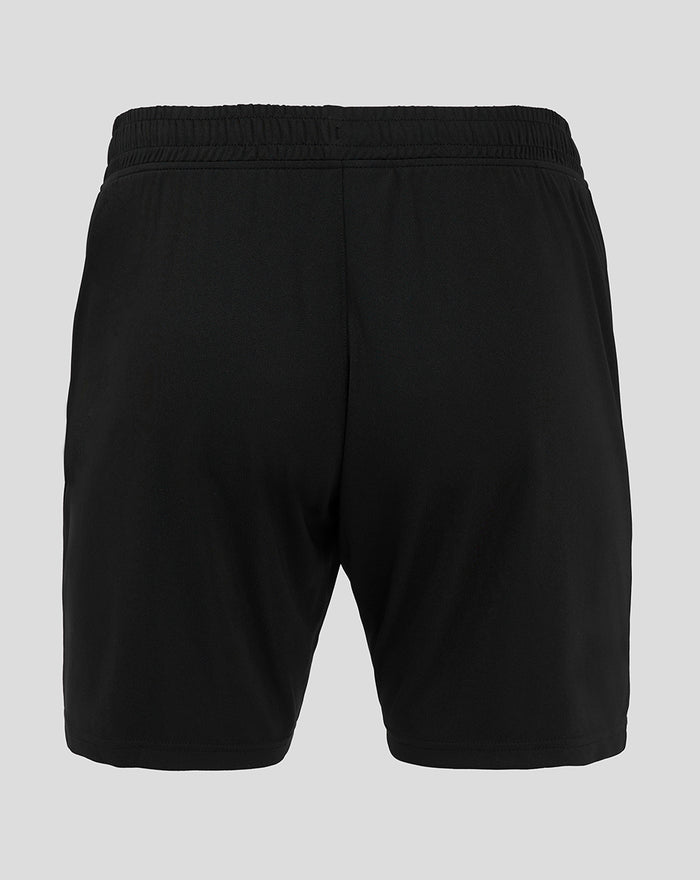 Back view of black men's home goalkeeper shorts with an elastic waistband