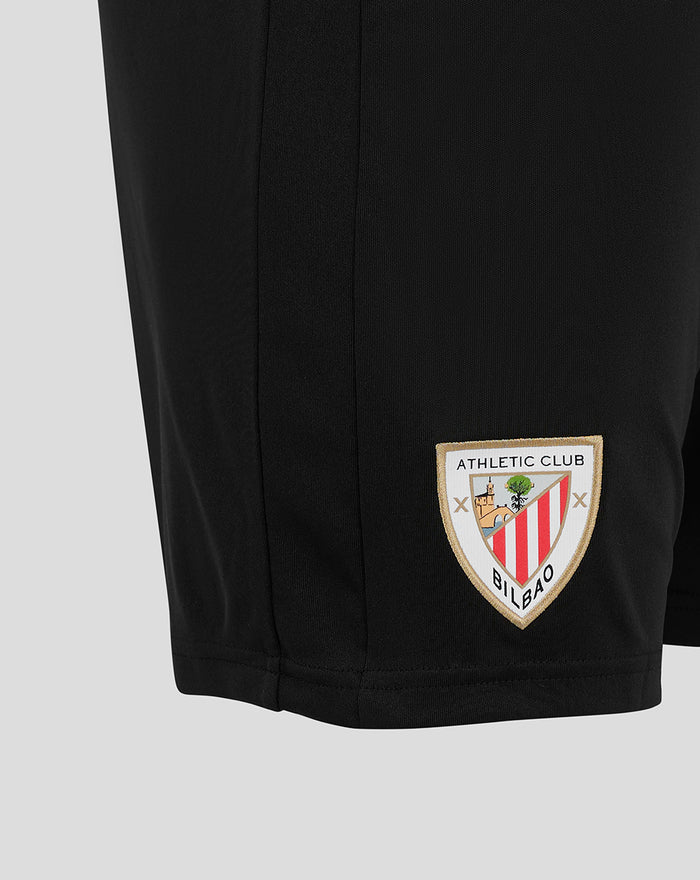 Back view of black goalkeeper shorts with Athletic Club Bilbao crest on left leg and Castore wings on right leg.