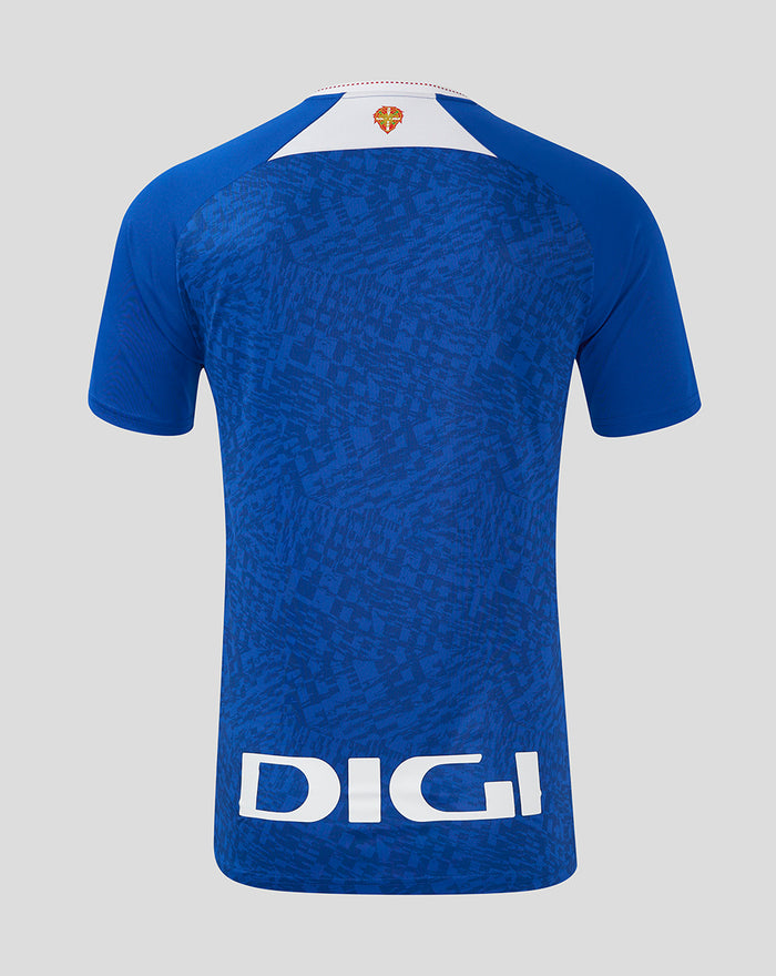 Back view of blue away jersey with pixelated pattern, white collar detail, and large DIGI logo on the lower back.