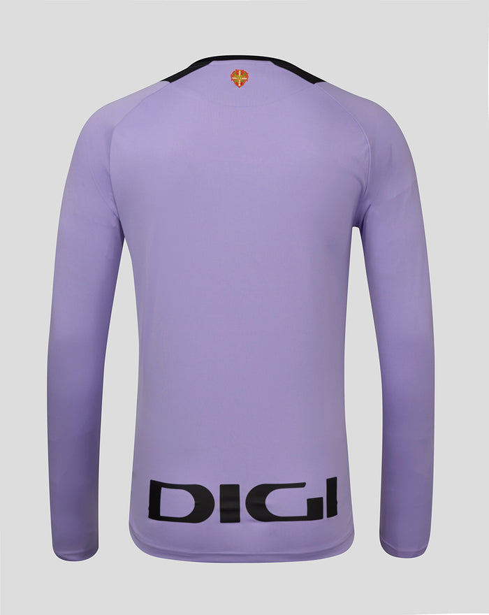 Back view of lavender Athletic Club third long sleeve shirt with crest at the upper back near the collar and large DIGI text at the hem