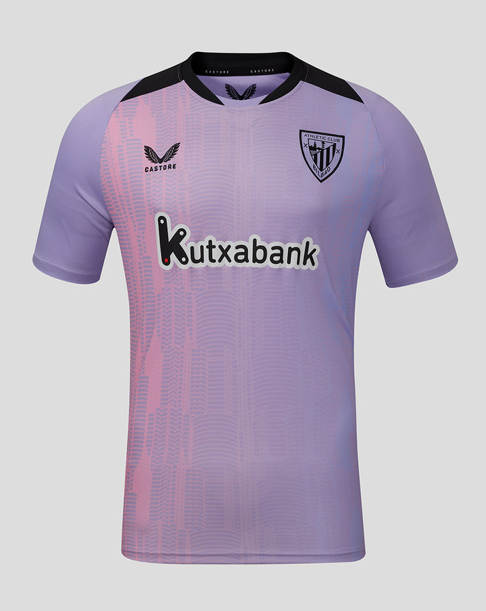 Front view of men's purple athletic shirt with Bilbao cityscape graphic, crest on chest and Kutxabank sponsor.