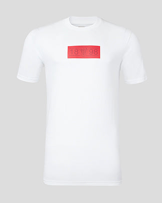 White Bilbao Classic short sleeve T shirt for men with a red chest graphic.