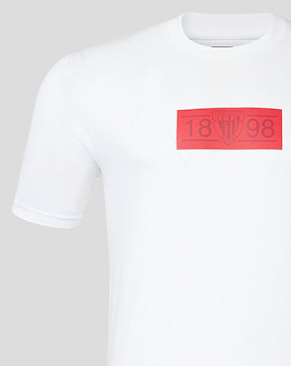 Front view of Bilbao Classic white short sleeve T-shirt for men with red rectangular chest graphic