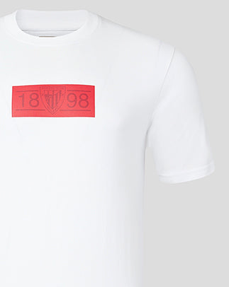 Side-angle view of Bilbao Classic white short sleeve T-shirt for men with red rectangular chest graphic