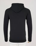 Back view of black fleece hoodie showing a structured hood and clean silhouette
