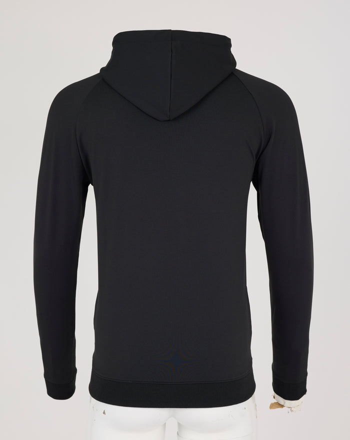 Back view of black fleece hoodie showing a structured hood and clean silhouette
