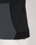 Close-up of grey pocket panel on black fleece hoodie with visible stitching