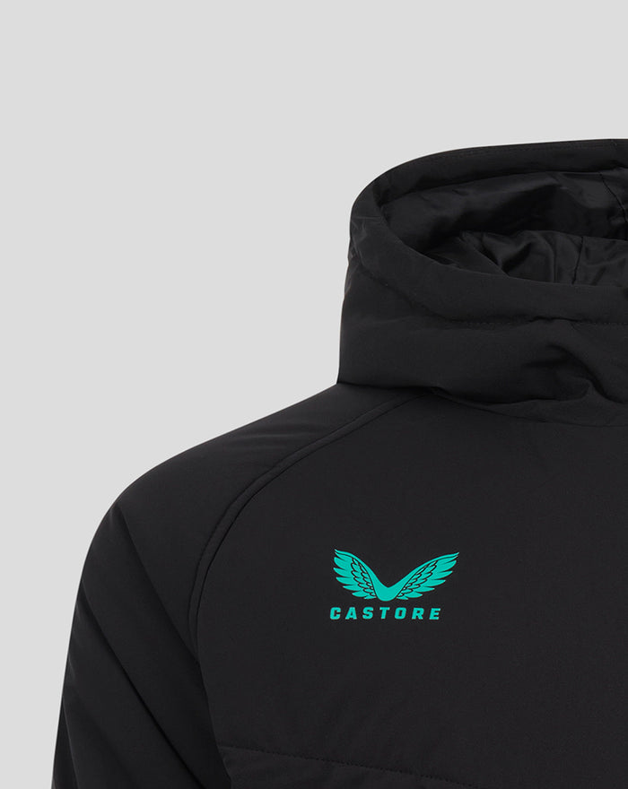 Teal Castore logo on the chest near the shoulder of the black hooded jacket.