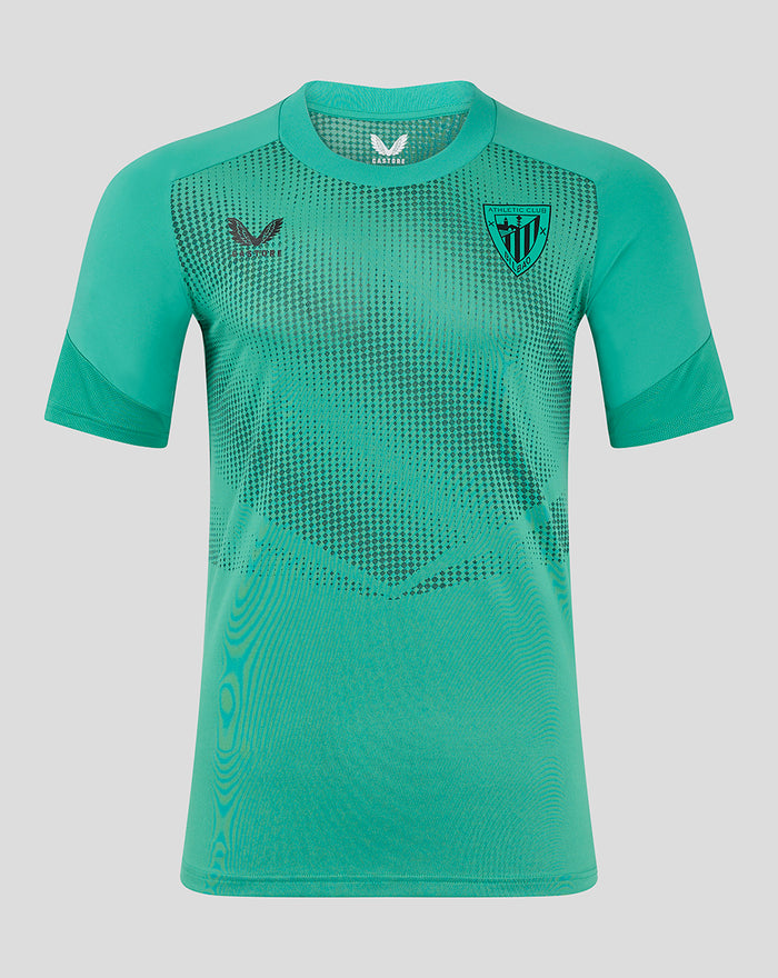 Front view of teal MEN'S 24/25 Elite Players Training Short Sleeve Drill Tee with dotted chest pattern and team crest.