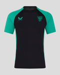Junior Pro Coaches Training Shirt front view black body teal sleeves and crest badge on chest