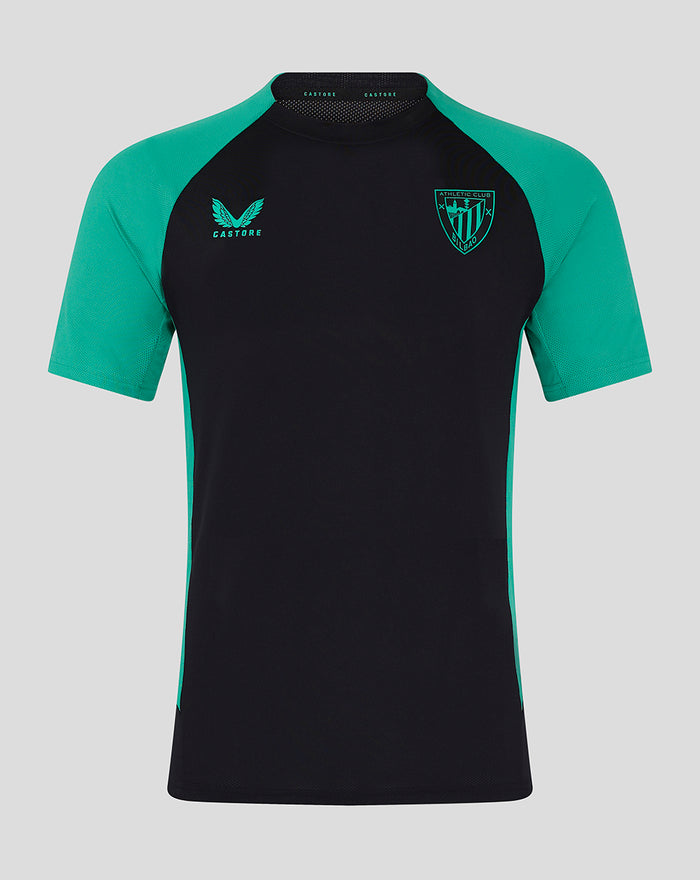 Junior Pro Coaches Training Shirt front view black body teal sleeves and crest badge on chest